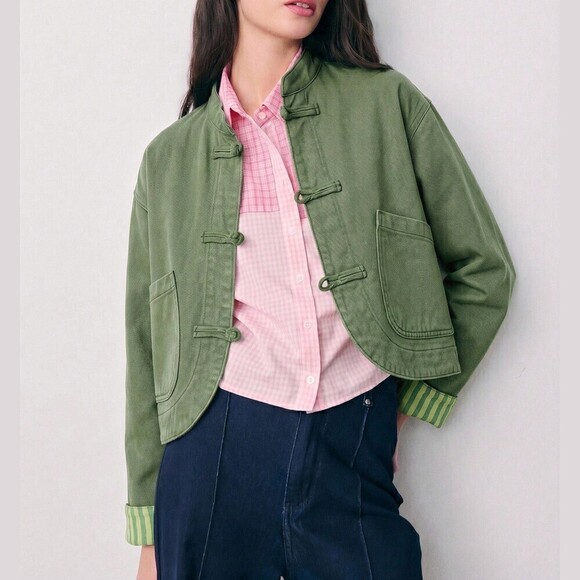 Jackets & Blazers - Mint Green Rounded Denim Jacket with Frog Button Toggle Closures